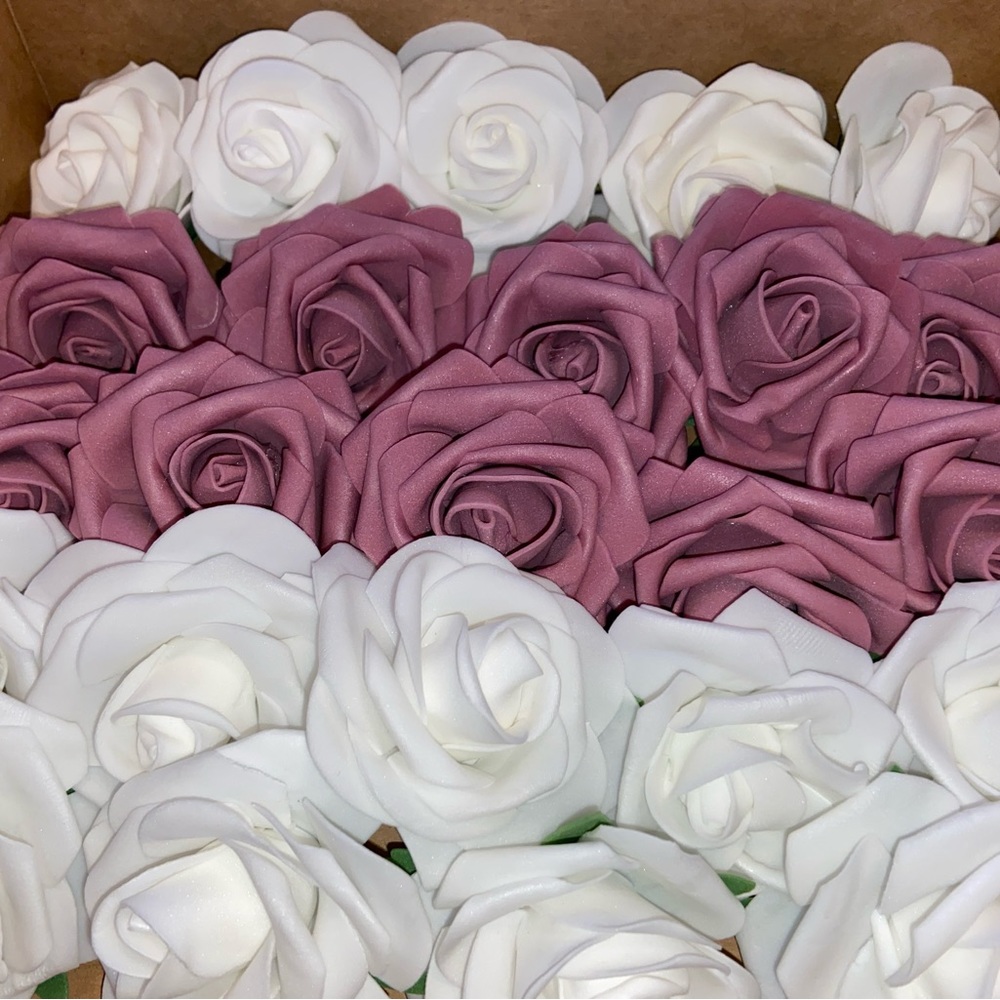25 Count | White & Mauve Pink Roses Wedding Bouquet Flowers Centerpiece Decor
